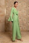 B'Infinite_Green Crepe Lapel Collar Overlapped Blazer Jumpsuit _Online_at_Aza_Fashions