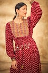 Aditi Somani_Maroon Modal Satin Bandhani, Threadwork Pattern Embroidered Kurta And Pant Set _Online_at_Aza_Fashions