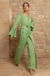 Buy_B'Infinite_Green Crepe Lapel Collar Overlapped Blazer Jumpsuit _Online_at_Aza_Fashions