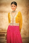 Aditi Somani_Pink Modal Satin Floral, Bandhani V Gara Embroidered Top And Flared Pant Set _Online_at_Aza_Fashions