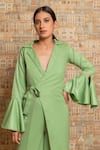 B'Infinite_Green Crepe Lapel Collar Overlapped Blazer Jumpsuit _at_Aza_Fashions