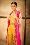 Aditi Somani_Pink Pure Silk And Modal Satin Print Bandhani Square Two Toned Cape And Pant Set _Online_at_Aza_Fashions