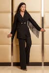 Shop B'Infinite Black Crepe Lapel Collar Frill Blazer And Trouser Set Online at Aza Fashions Shop_B'Infinite_Black Crepe Lapel Collar Frill Blazer And Trouser Set_Online_at_Aza_Fashions