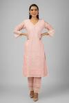 Shrutkirti_Pink Cotton Chanderi Embroidery Chikankari V Neck Flower Vine Kurta Set _at_Aza_Fashions