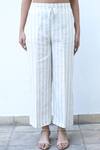 Linen Bloom_Beige 100% Linen Stripe Pattern Pant _Online_at_Aza_Fashions