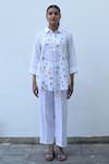 Linen Bloom_White Linen Embroidery Collared Checkered Shirt _Online_at_Aza_Fashions