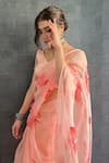 Buy_Meghstudio_Peach Saree  Organza Hand Painted Hibiscus Sequins Embroidered And  _Online_at_Aza_Fashions