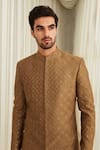 Sawan Gandhi_Gold Sherwani Chanderi And Pant Raw Silk Embroidery Thread & & Set _Online_at_Aza_Fashions