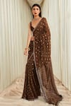 Sawan Gandhi_Brown Georgette Embellished Mukaish Plunge V Mirror Work Saree Set  _Online_at_Aza_Fashions