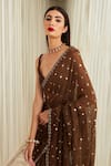 Buy_Sawan Gandhi_Brown Georgette Embellished Mukaish Plunge V Mirror Work Saree Set  _Online_at_Aza_Fashions