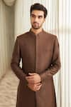 Sawan Gandhi_Brown Silk Mandarin Collar Sherwani And Pant Set _Online_at_Aza_Fashions