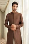 Buy_Sawan Gandhi_Brown Silk Mandarin Collar Sherwani And Pant Set _Online_at_Aza_Fashions