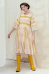 Itr by Khyati Pande_Beige Dress Handwoven Mul Cotton And Embroidered Stripe Pattern & Meringue _Online_at_Aza_Fashions