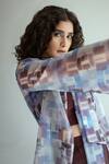 Kritika Madan Label_Maroon Organza And Crepe Printed Geometric Tie-up Jacket And Pant Set _Online_at_Aza_Fashions