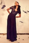 Babita Malkani_Purple Italian Crepe Embroidered Sequin V Neck Crystal Jumpsuit _Online_at_Aza_Fashions