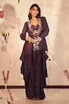 Shop_Babita Malkani_Wine Silk Embroidered Floral V Neck Jacket And Dhoti Skirt Set_Online_at_Aza_Fashions