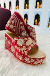 Shop_Shiveen Shiveen_Red Embroidered Floral Velvet Wedges _Online_at_Aza_Fashions