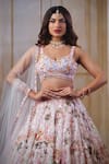 Label Priyanka Kar_Pink Net Hand Embroidered Floral Patterns V Neck Bridal Lehenga Set _Online_at_Aza_Fashions