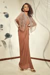 Babita Malkani_Brown Tulle Embroidered Sequin Halter Cape And Gown Set _Online_at_Aza_Fashions