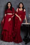 Shop_Sunita Bhandari_Maroon Viscose, Georgette Cut Ruffle Pre-draped Saree With Sleeveless Blouse _Online_at_Aza_Fashions