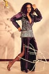 Shop_Babita Malkani_Wine Velvet Embroidery, Sequins Floral Blazer Pant Set _Online_at_Aza_Fashions