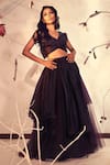 Shop_Babita Malkani_Wine Tulle, Organza Fringe, Embroidery V-neck Knotted Top And Lehenga Set _Online_at_Aza_Fashions