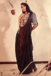 Shop_Babita Malkani_Wine , Organza Embroidery Collared Pre-draped Saree With Blouse _Online_at_Aza_Fashions