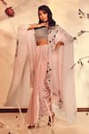 Babita Malkani_Pink Silk Crepe Embroidered Floral Round Cape And Dhoti Skirt Set _Online_at_Aza_Fashions