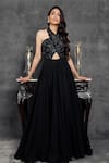 Sunita Bhandari_Black Viscose, Organza Embroidery Halter Neck Yoke Gown _Online_at_Aza_Fashions