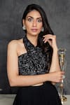 Buy_Sunita Bhandari_Black Viscose, Organza Embroidery Halter Neck Yoke Gown _Online_at_Aza_Fashions