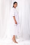 KHAT_White Poplin Cotton Printed Striped Round Tiered Dress _Online_at_Aza_Fashions