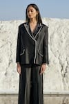 Buy_The Loom Art_Black Handwoven Chanderi Silk Wide Double Breasted Blazer And Pant Set  _Online_at_Aza_Fashions