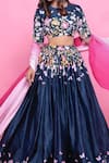 Label Priyanka Kar_Blue Cotton Satin Printed Floral Patterns Round Floret Flared Lehenga Set _at_Aza_Fashions