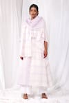 Buy_KHAT_White Handwoven Cotton Checkered Round Striped Pattern Kaftan And Pant Set 