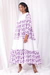 KHAT_White Poplin Cotton Printed Flowers Boat Flared Purple Dress  _Online_at_Aza_Fashions