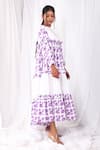 Buy_KHAT_White Poplin Cotton Printed Flowers Boat Flared Purple Dress  _Online_at_Aza_Fashions