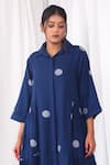 KHAT_Blue Handwoven Cotton Polka Pattern Collared Neck Side Gathered And Dress _at_Aza_Fashions