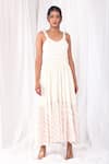 Buy_KHAT_White Soft Twill Cotton Embroidered Stitch Lines Scoop Neck Stripe Dress _Online_at_Aza_Fashions