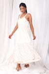 KHAT_White Soft Twill Cotton Embroidered Stitch Lines Scoop Neck Stripe Dress _at_Aza_Fashions