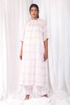 Khat_White Handloom , Round Neck Pastel Checkered Pattern Kurta Pant Set _Online_at_Aza_Fashions