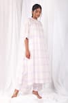 Buy_Khat_White Handloom , Round Neck Pastel Checkered Pattern Kurta Pant Set _Online_at_Aza_Fashions