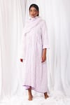 Shop_Khat_White Handloom Cotton Round Neck Handwoven Checkered Pattern Dress With Scarf _Online_at_Aza_Fashions