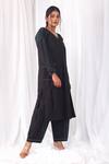 Shop_Khat_Black Poplin, Cotton Embroidery V-neck Stitch Line Kurta Set _Online_at_Aza_Fashions