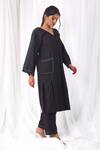 Khat_Black Poplin, Cotton Embroidery V-neck Stitch Line Kurta Set _at_Aza_Fashions