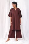 Shop_KHAT_Maroon Poplin Cotton Plain Notched Straight Kurta And Flared Pant Set _Online_at_Aza_Fashions