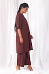 KHAT_Maroon Poplin Cotton Plain Notched Straight Kurta And Flared Pant Set _at_Aza_Fashions