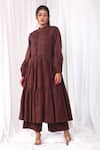 Shop_Khat_Maroon Poplin, Cotton Bandeau Neck Pintucked And Tiered Flared Kurta & Pant Set _Online_at_Aza_Fashions