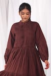Khat_Maroon Poplin, Cotton Bandeau Neck Pintucked And Tiered Flared Kurta & Pant Set _at_Aza_Fashions