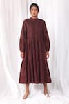 Buy_KHAT_Maroon Poplin Cotton Plain Band Collar Pintucked Bodice And Tiered Dress _Online_at_Aza_Fashions