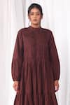 KHAT_Maroon Poplin Cotton Plain Band Collar Pintucked Bodice And Tiered Dress _at_Aza_Fashions